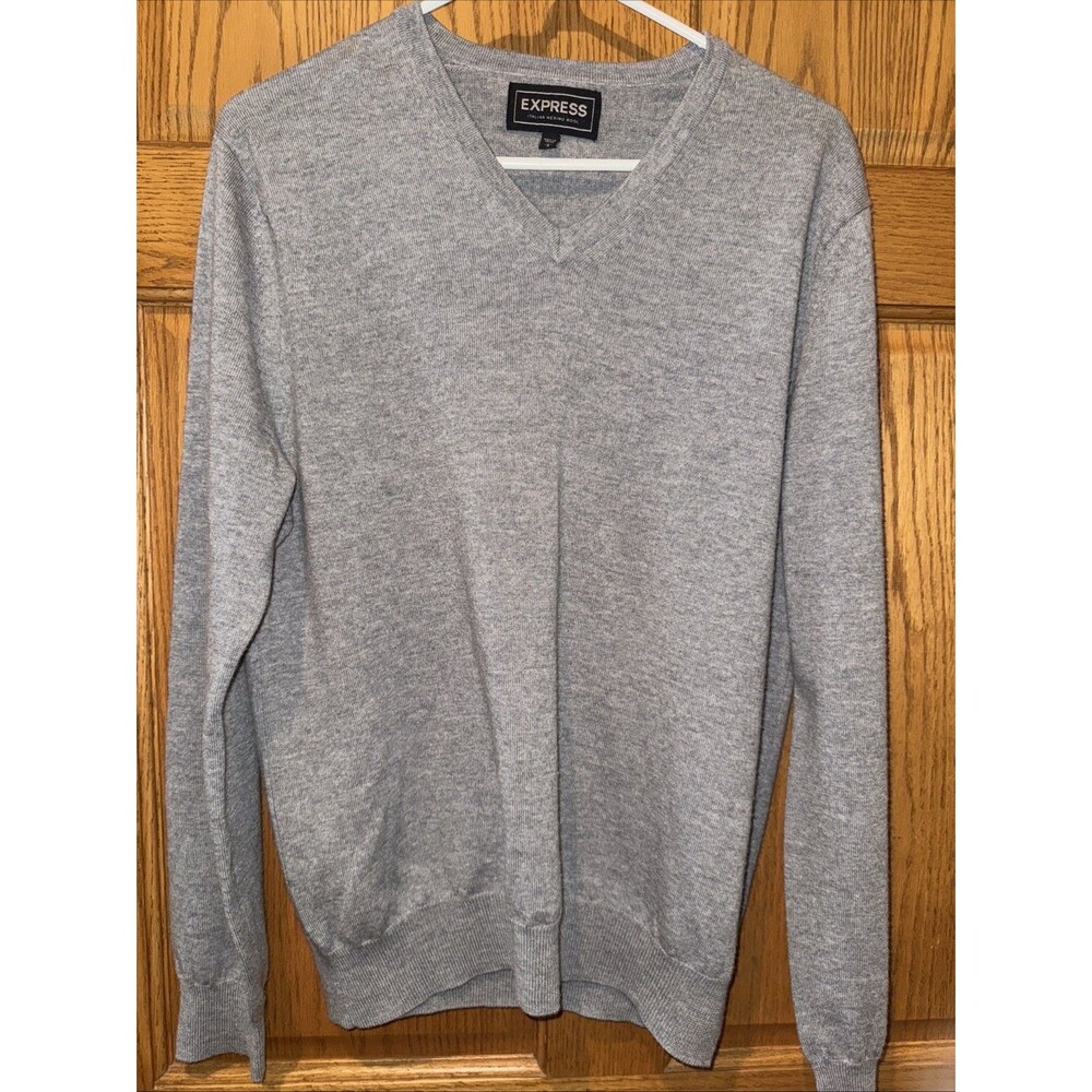 Express V Neck Sweater Merino Wool Men Large Grey Modern Fit Basic Preppy